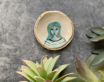 Blue girl 29, ceramic wall hanging, gold luster, boho art, small art, hand built pottery, shellie artist, white porcelain clay