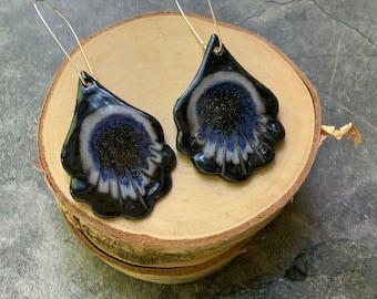 Dark blue and black earrings, Big dangle ceramic earrings, porcelain ceramic earrings, silver plated hook, shellieartist, shimmer