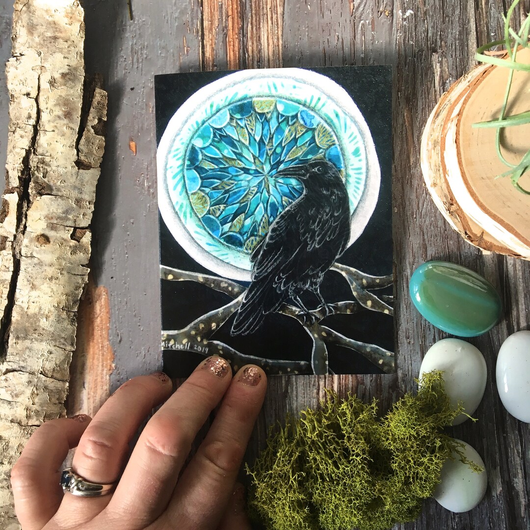 Black Raven Card, Following the Moon, Note Card, Illustrated Blank Card ...