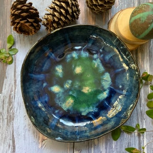 Blue and green shallow porcelain bowl, beautiful ceramic bowl, shellieartist, gift for her, kitchen decor, pop of color, lace pattern image 1