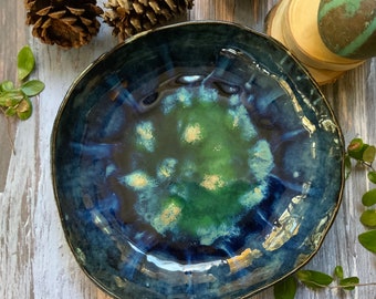 Blue and green shallow porcelain bowl, beautiful ceramic bowl, shellieartist, gift for her, kitchen decor, pop of color, lace pattern