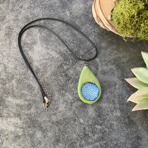Green and blue teardrop ceramic pendant, porcelain pendant necklace, underglaze, gold luster, waxed black cord, ceramic jewelry