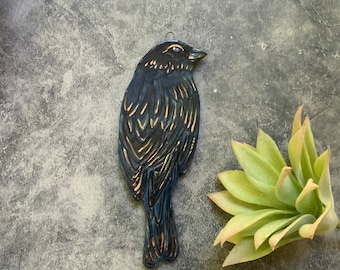 Indigo Bunting bird porcelain wall art, white gold luster, boho art, carved pottery, shellieartist, ceramic wall art, blue bird