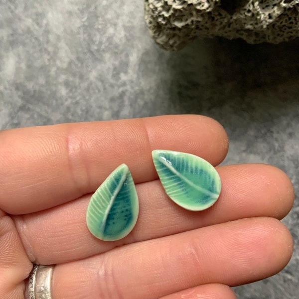 Blue green porcelain ceramic earrings, stud earrings, small post earrings, teardrop leaf stamp studs, shellieartist, one of a kind
