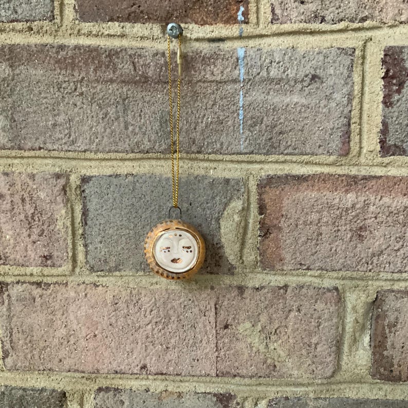 Orange Sun Face Porcelain Ornament, Gold Luster, Hollow Form, Handmade