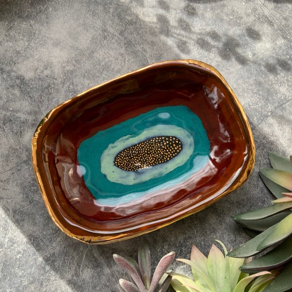 Blue red sienna rectangle bowl, ceramic dish, boho kitchenware, unique home decor, shellieartist, stamped clay, iron wash, gold luster