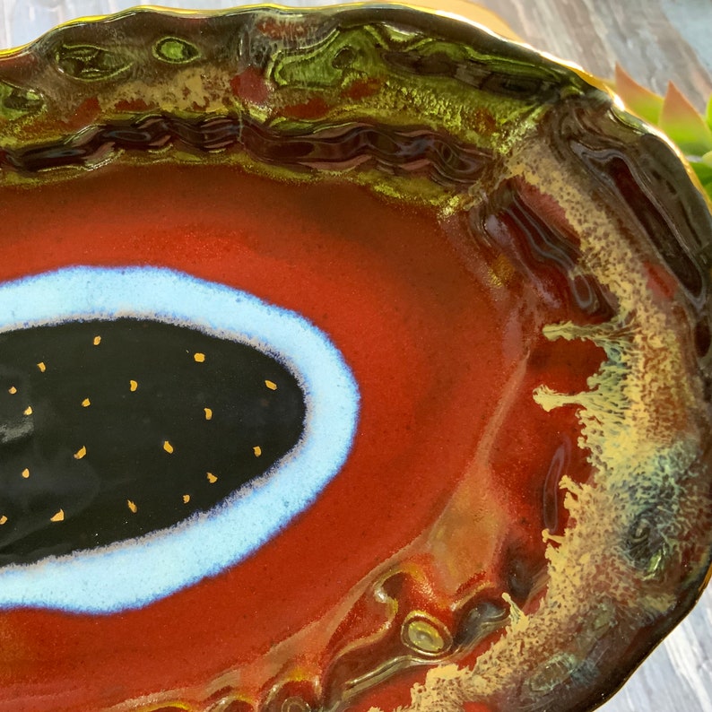 Black Blue and red ceramic dish, ceramic dish, shellieartist, drippy glaze, chef gift, appetizer dish, kitchen decor, ceramic collector image 2