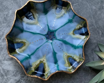 Blue kaleidoscope geometric dish, ceramic platter, shellieartist, kitchen decor, serving plate, gold luster, unique glaze pattern