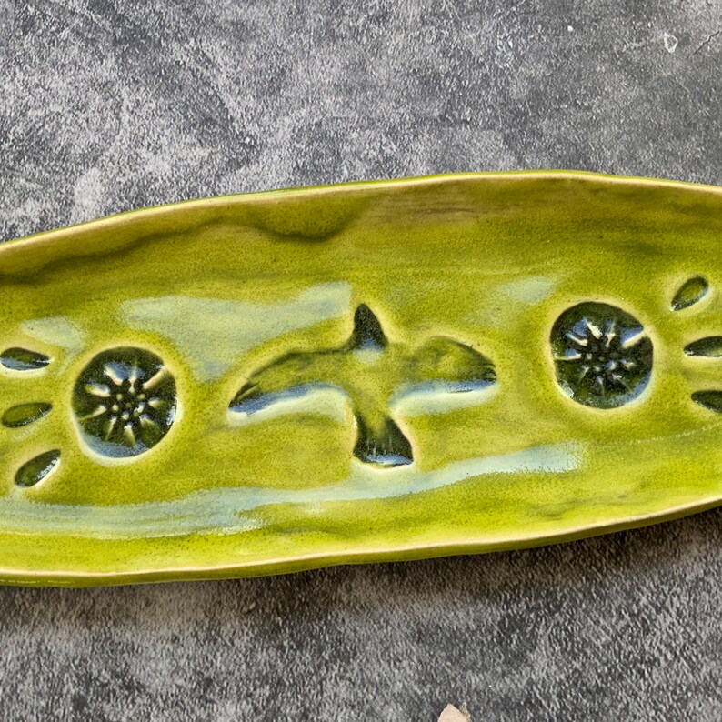 Green Rustic stamped ceramic dish, decorative ceramic dish, shellieartist, chef gift, appetizer, kitchen decor, stamped design image 3