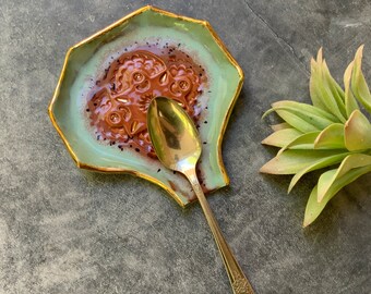 Ceramic spoon rest, plum and aqua, white clay, boho kitchenware, shellieartist, hand built, stamped rustic pottery, gold luster