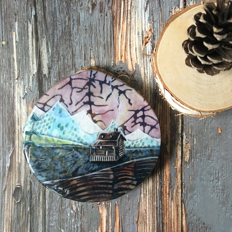 Rustic cabin decor, Housewarming gift, Cozy Cabin, shellieartist, wall decor, gift under 40, resin art Print, round wood slice image 2