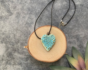 Blue heart ceramic pendant, porcelain pendant necklace, waxed black cord, ceramic jewelry, stamped clay, textured