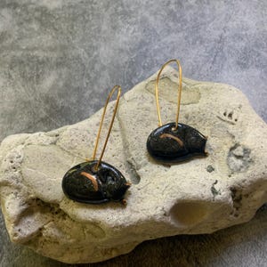 Sleeping black cat earrings, dangling ceramic earrings , porcelain earrings, gold plated hooks, shellieartist, gold luster, cat lover
