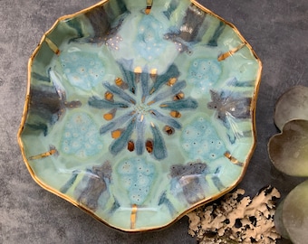 Pale blue kaleidoscope dish, ceramic platter, shellieartist, gift for her, kitchen decor, serving plate, gold luster, unique glaze pattern