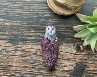 Tiny purple owl art, ceramic wall hanging, gold luster, boho art, hand built pottery, shellieartist, porcelain, wall art, nature inspired