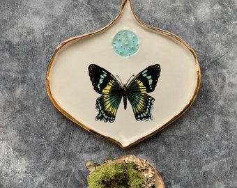 Zodiac moth, porcelain ceramic wall art, shellieartist, moth study, gold luster, pottery collector, green moth, nature art, blue moon