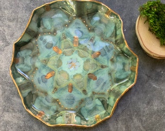 Green blue kaleidoscope dish, ceramic platter, shellieartist, gift for her, kitchen decor, serving plate, gold luster, unique glaze pattern