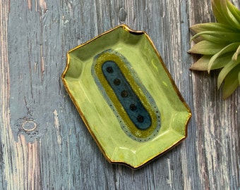 Rectangle green and blue trinket dish, small ceramic dish, gold luster, unique home decor, shellieartist, hand built pottery, porcelain