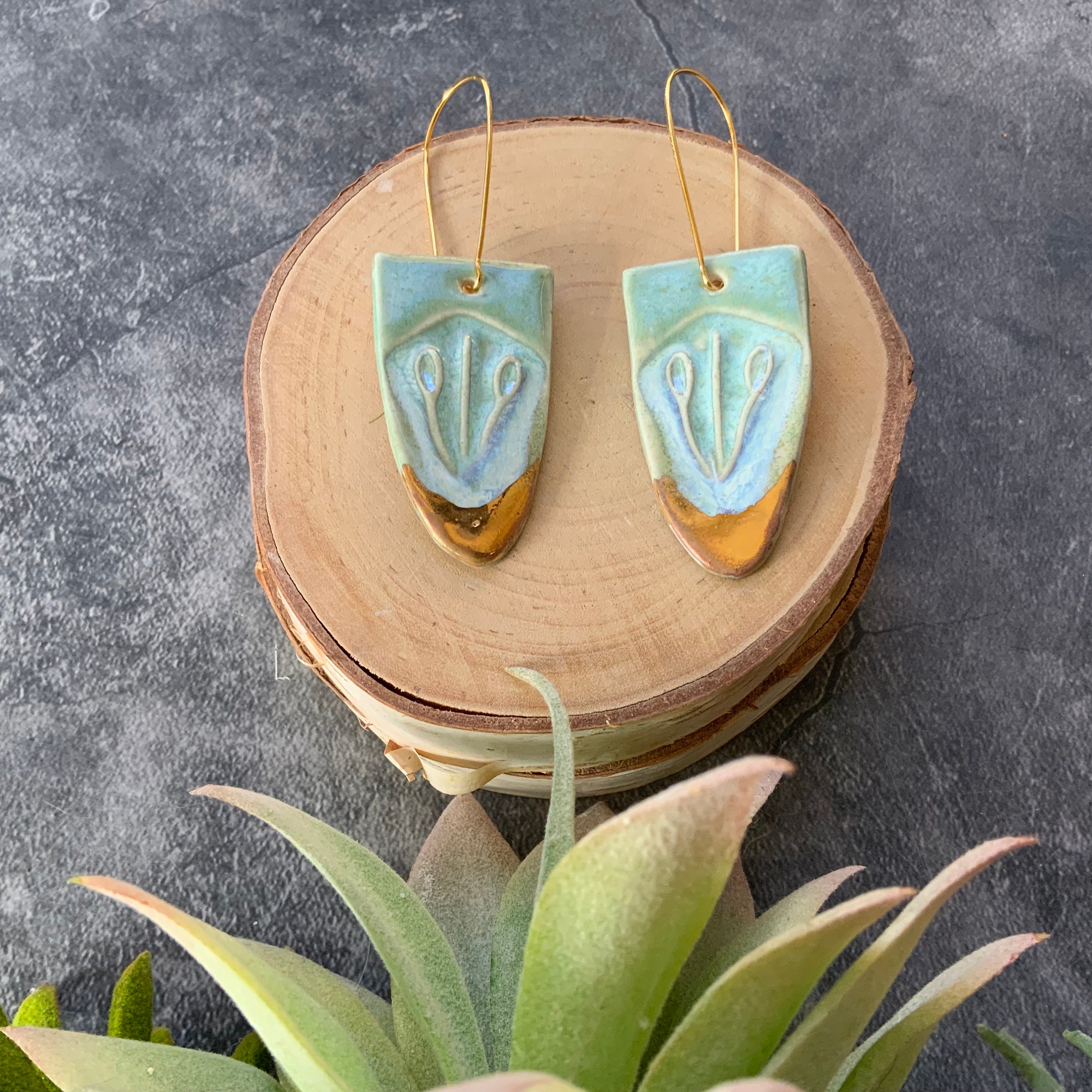 Blue and gold stamped earrings, ceramic earrings , porcelain earrings, gold plated hooks, shellieartist, gold luster, handmade