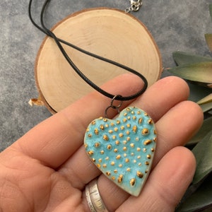 Blue heart ceramic pendant, porcelain pendant necklace, waxed black cord, ceramic jewelry, stamped clay, textured image 4