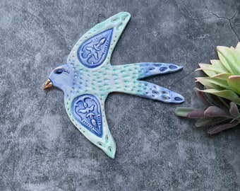 Blue sparrow porcelain wall art, gold luster, boho art, stamped pottery, shellieartist, ceramic wall art, blue bird decor