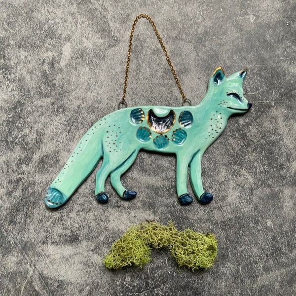 Turquoise Blue artic fox, porcelain wall art, gold luster, boho art, stamped pottery, shellieartist, ceramic wall art, home decor