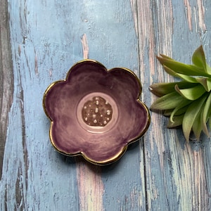 Purple flower circle trinket dish, small ceramic dish, gold luster, stamped, unique home decor, shellieartist, hand built pottery, porcelain