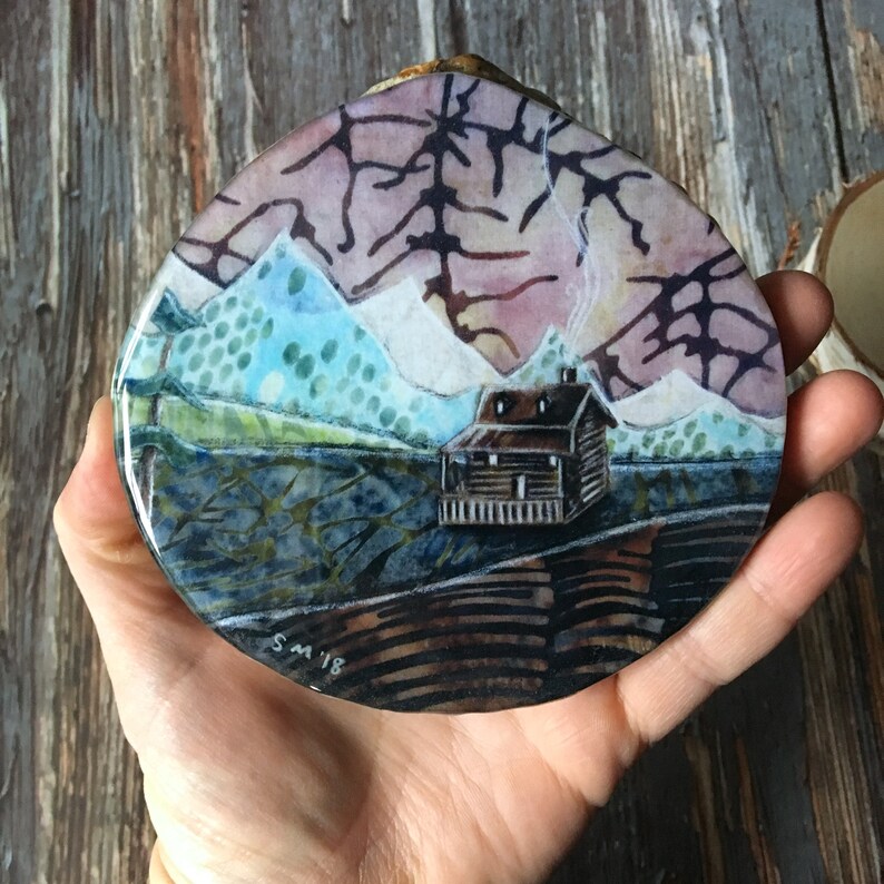 Rustic cabin decor, Housewarming gift, Cozy Cabin, shellieartist, wall decor, gift under 40, resin art Print, round wood slice image 3