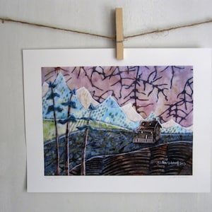 Cozy Cabin, rustic woodland cottage log home, mountains,  archival reproduction print 8.5 x 11