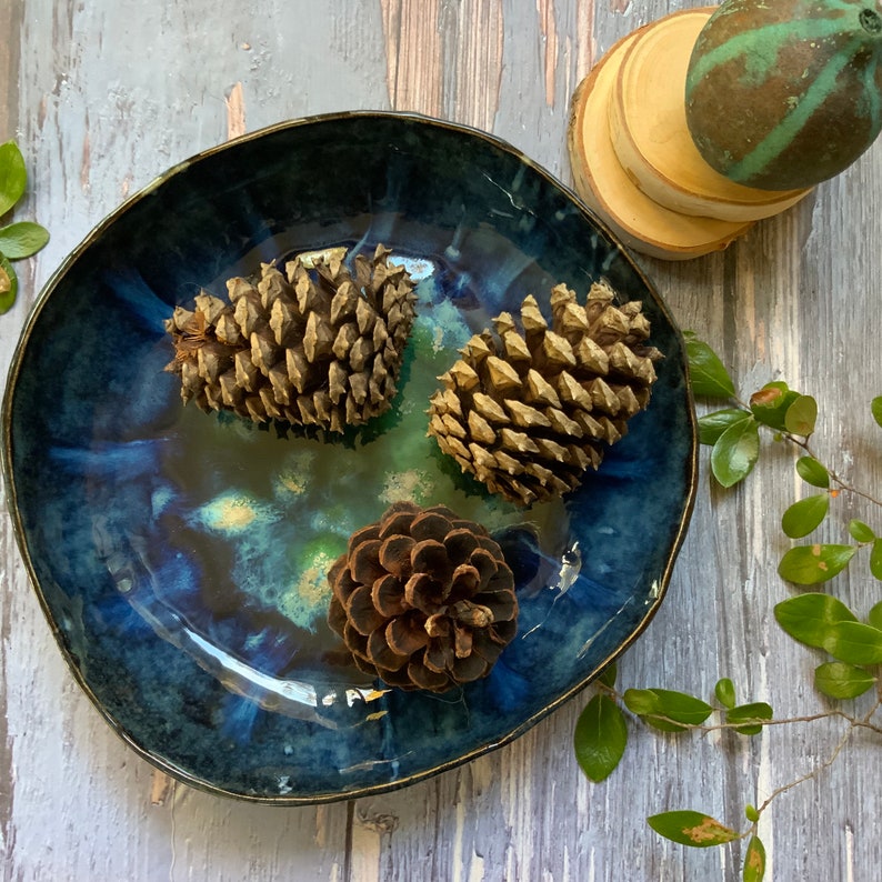 Blue and green shallow porcelain bowl, beautiful ceramic bowl, shellieartist, gift for her, kitchen decor, pop of color, lace pattern image 4