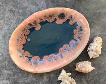Peach and blue ceramic dish, serving dish, shellieartist, chef gift, lace pattern, kitchen decor, ceramic collector, drippy glaze