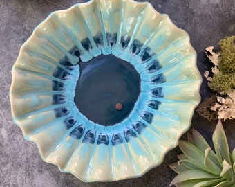 Blue Rippled porcelain bowl, ceramic bowl, boho kitchenware, decorative bowl, shellieartist, hand built pottery, drippy glaze