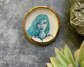 Blue girl 31, ceramic wall hanging, gold luster, boho art, small art, hand built pottery, shellieartist, white porcelain clay, long hair