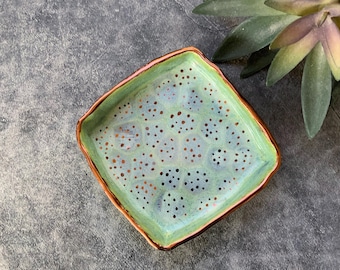 Green square flying bird trinket dish, small ceramic dish, copper luster, unique home decor, shellieartist, hand built, white clay