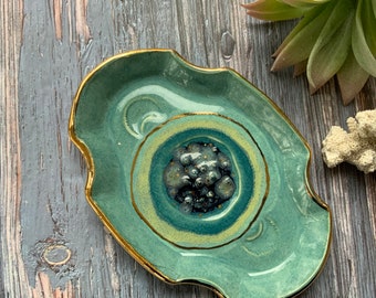 Curved trinket dish, small ceramic dish, gold luster, moon stamp, unique home decor, shellieartist, hand built pottery, porcelain