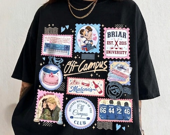 May include: Black t-shirt with a colorful graphic design featuring various postage stamp-like images. The stamps include illustrations of couples, a cake, a keyboard, and the text "Off-Campus". Other text includes "Briar University" and "Malone's".