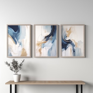 Conjunto de 3 arte de parede azul marinho para impressão Arte de parede moderna Arte abstrata azul Pôster minimalista para impressão Arte com pinceladas Impressão digital