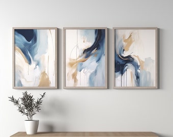 Navy Blue Wall Art Set of 3 Printable Wall Art Modern Wall Art Blue Abstract Art Minimalist Poster Printable Art Brush Strokes Print Digital