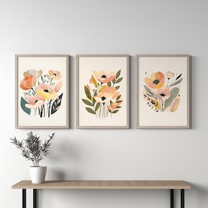 Boho Abstract Flowers Print Set of 3, Terracotta Prints, Floral Wall Art, Vintage Art Print, Boho Printable Art, Flower Market Poster