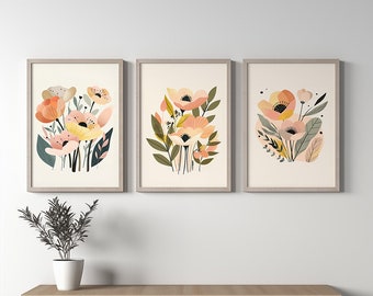 Boho Abstract Flowers Print Set of 3, Terracotta Prints, Floral Wall Art, Vintage Art Print, Boho Printable Art, Flower Market Poster