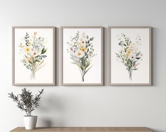 3 Neutral Spring Watercolor Wildflower Prints | Minimalist Boho Wall Decor | Botanical Wall Art | Digital Download PRINTABLE Floral Print