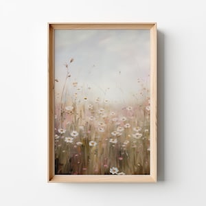 Printable Wildflower Field Landscape Vintage Painting, Pink Spring Print Farmhouse Print Neutral Wall Art Spring Art Digital Download