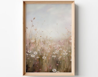 Printable Wildflower Field Landscape Vintage Painting, Pink Spring Print Farmhouse Print Neutral Wall Art Spring Art Digital Download