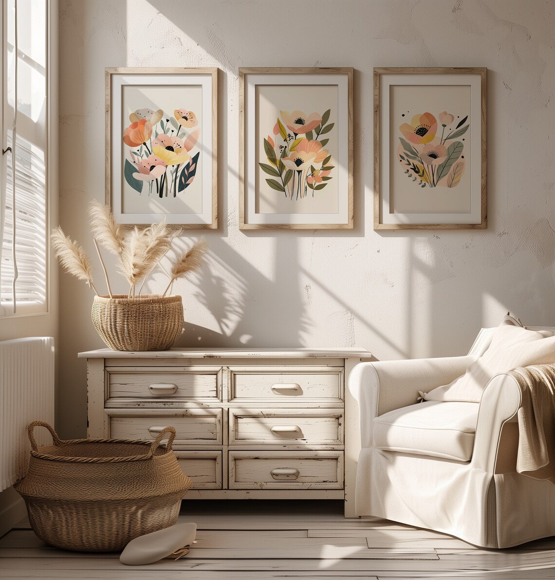 Boho Abstract Flowers Print Set of 3, Terracotta Prints, Floral Wall ...