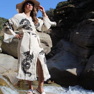 Natural Muslin Kimono Robe, Cotton Bathrobe Kimono Dress,Lightweight Festival Robe for Women&#39;s,Kaftan Summer Beach Wear,Boho Beach Cover Up