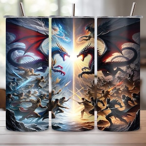 May include: Three stainless steel tumblers with a fantasy design featuring two dragons facing each other. The dragons are blue and red with gold accents. The background features a battle scene with warriors and a glowing light.