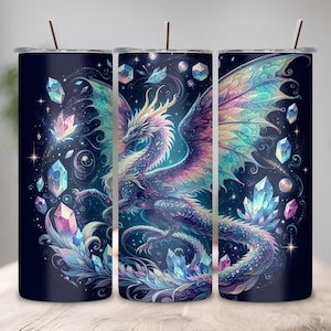 Intricately designed tumbler featuring a celestial dragon intertwined with colorful crystals and feathers against a starry night backdrop, invoking a sense of wonder and magic