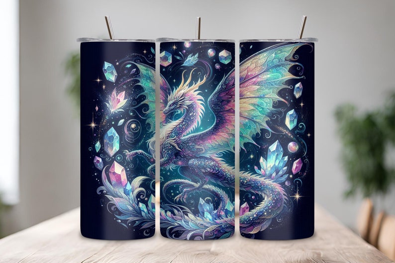 Intricately designed tumbler featuring a celestial dragon intertwined with colorful crystals and feathers against a starry night backdrop, invoking a sense of wonder and magic