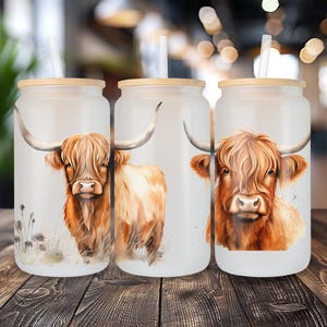 Rustic Highland Cow Glass Can (16OZ), Bull Cow Can Glass, Bovine Iced Coffee Glass, Beer Can Glass, Glass Cup, Glass Tumbler