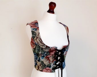 Floral Jacquard Underbust Corset, Front Lace-Up Bodice